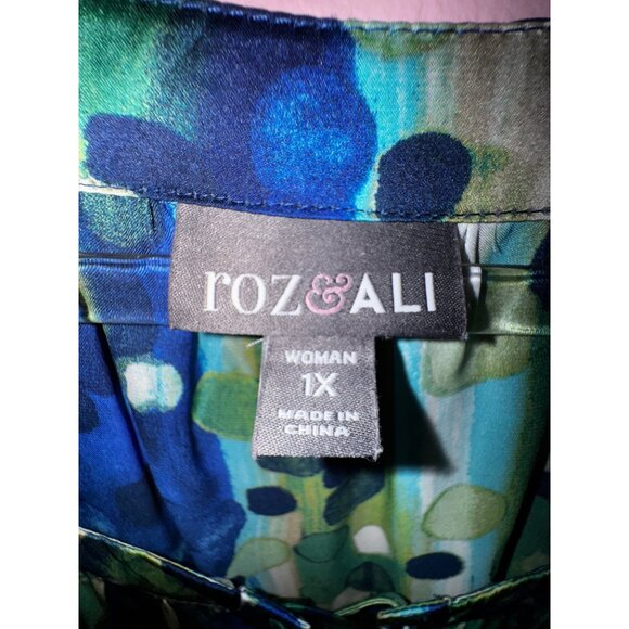 Roz & Ali Plus Size 1X Blouse Green & Blue Satin Top Boho‎ Art Chic Casual Cute - Picture 4 of 8